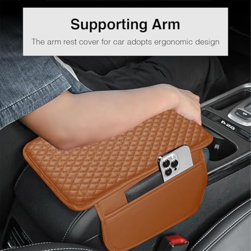 Image of Lyrovo PU Leather Car Armrest Cushion Pad With Side Pockets, Universal Fit for All Car (Brown)