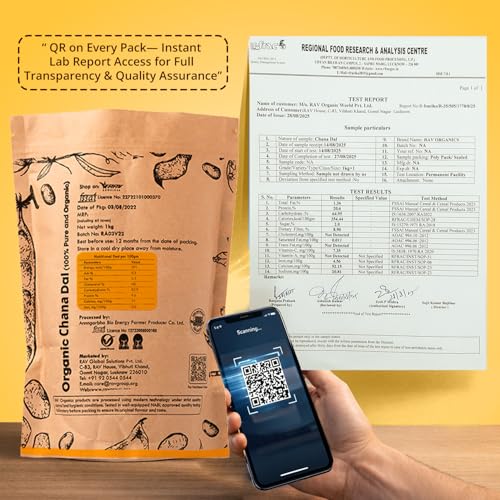 Image of Rav Organics Unpolished Organic Chana Dal | Split Bengal Gram, Chholar Dal | Premium Pulses & Legumes | Non-GMO, 100% Natural | NPOP Certified Organic Farm-Grown | Stone Ground | Chemical & Preservative Free (1 kg, Pouch)