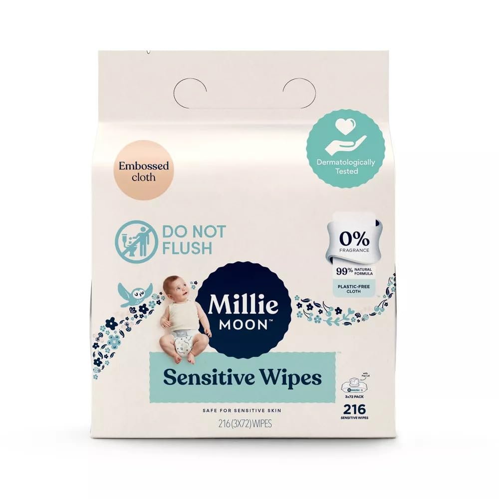 Millie Moon Sensitive Baby Wipes, Plastic-Free, 99% Natural Formula, 216 Count