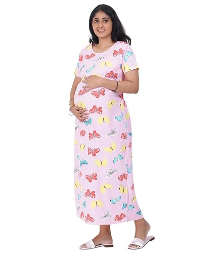 hotfits-Women-Pink-Short-Sleeve-Cotton-Nursing-Breastfeeding-Casual-Full-Length-Maternity-Dresses-for-Summer-Butterfly-Printed-XL hotfits Women Pink Short Sleeve Cotton Nursing Breastfeeding Casual Full Length Maternity Dresses for Summer - Butterfly Printed -XL