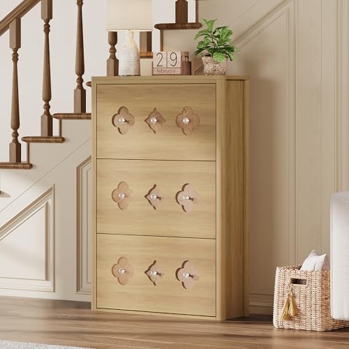 Image of GarveeHome Shoe Storage Cabinet with 3 Flip Drawers, Narrow Wood Shoe Organizer Cabinet with Floral Pattern, Freestanding Slim Shoe Rack Cabinet with Adjustable Shelves, for Entryway, Hallway, Natural | Floral Pattern, Shoe Cabinet for Entryway, Hallway, Living Room, Narrow Wooden Shoe Cabinet with Adjustable Shelves