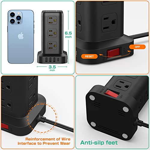 Surge Protector Power Strip Tower Extension Cord With Multiple Outlets Travel 12 Ac 4 Usb (1 Usb C) Power Strip With Usb Ports Mini Surge Protector Tower 6.5Ft Overload Protection For Home Office #TOP4