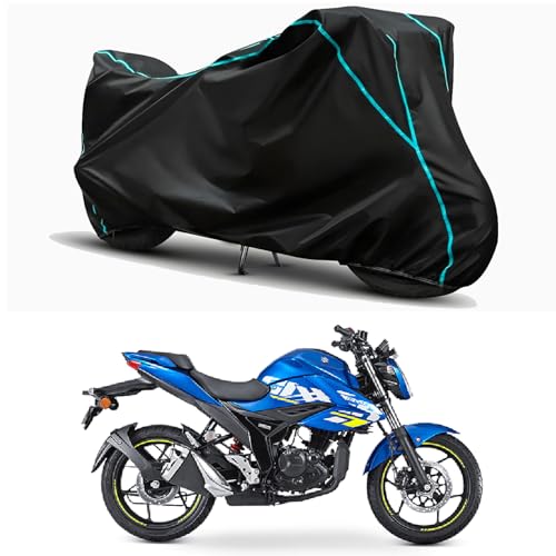 Image of Waterproof Bike Body Cover Compatible for | Suzuki Gixxer ABS BS6 | Taffeta Fabric, Sky Piping Design, Bottom Elastic Fit | Dustproof, Sun UV & Rain Protection for All Weather.