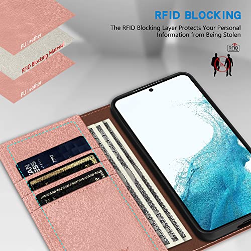 Image of ZZXX for Samsung Galaxy S22 Wallet Case with [RFID Blocking] Card Slot Stand Strong Magnetic Leather Flip Fold Protective Phone Case for Samsung Galaxy S22 Case Wallet(Rose Gold-6.1 inch)