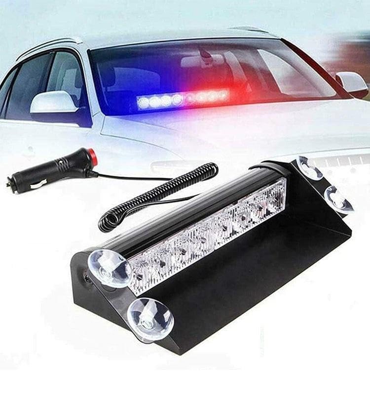 Image of AutoBizarre 12V Car Dash Emergency Warning Strobe Red Blue Flasher Windshield Sucker LED light With Multiple Flashing Modes For All Cars, Emergency Vehicles, etc. (8 LED Red Blue)
