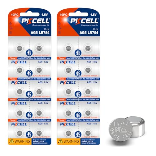 PKCELL LR754 Battery AG5 Button Cell Battery 1.5 Volt 309 393 SR754W Alkailine Coin Batteries (20 Count (Pack of 1))