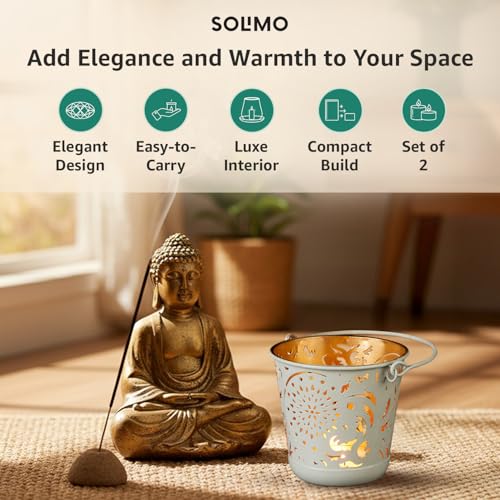Image of Amazon Brand - Solimo Tea Light Votive - Round Shape with Handle, White Powder-Coated Iron with Gold Interior, Set of 2 (Size: L-11 cm x W-11 cm x H-10 cm)