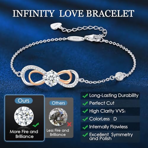 Moissanite Infinity Heart Bracelets for Women,925 Sterling Silver,18K Gold Plated,Adjustable Anniversary Birthday Fine Jewelry Gifts for Wife Her Mom4