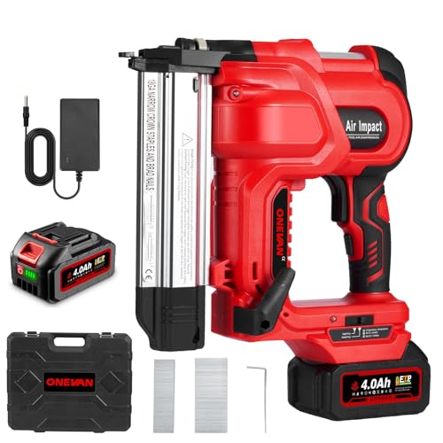 ONEVAN clavadora bateria, 2 en 1 grapadora electrica con una 4.0ah bateria, luz led, incl. 200 clavos, 200grapas, 20v clavadora electrica de clavos para tapicería, carpintería y bricolaje