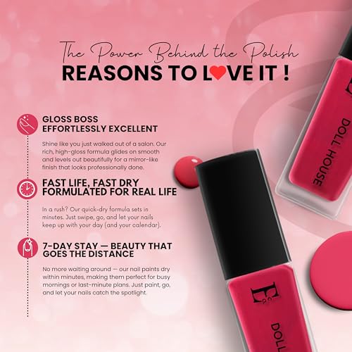 Image of Ellement Co Doll House Glossy Nail Paint for Women 10ML | Long Lasting High Shine Nail Colour | Quick Dry Formula with Smooth Streak-Free Application | Chip Resistant Professional Finish | Vegan, Non-Toxic, Paraben Free & Dermatologically Tested Nail Polish