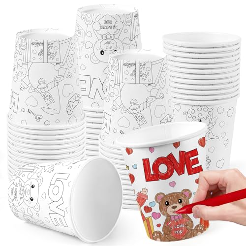 EYNDYN 50 PCS Valentines Day Cups for Kids Valentine Color Your Own Cup for Kids 9 oz DIY Valentine Paper Cup Valentines Party Cup for Valentine's Day Party Favors Crafts Classroom Gift