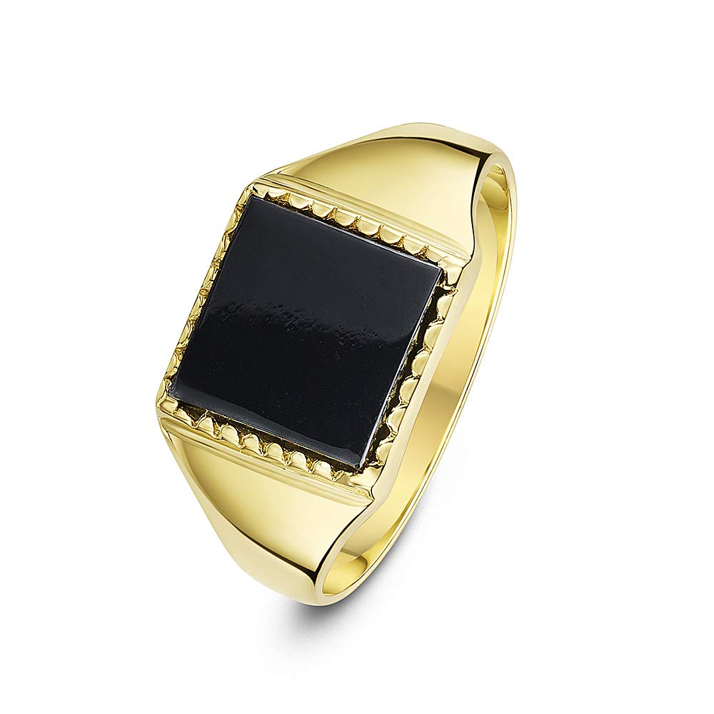 Theia Sortija de Sello para Caballeros en Oro Amarillo de 9k, Forma Cuadrada, Montada con Piedra Hematita o Ónix, Gris de 10x10mm