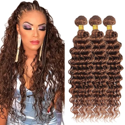 24 24 24 Inch Light Brown Bundles Human Hair Color #30 Bundles Double Weft Brown Wet and Wavy Bundles Unprocessed 8A Peruvian Virgin Brown Deep Wave Bundles Human Hair Extensions