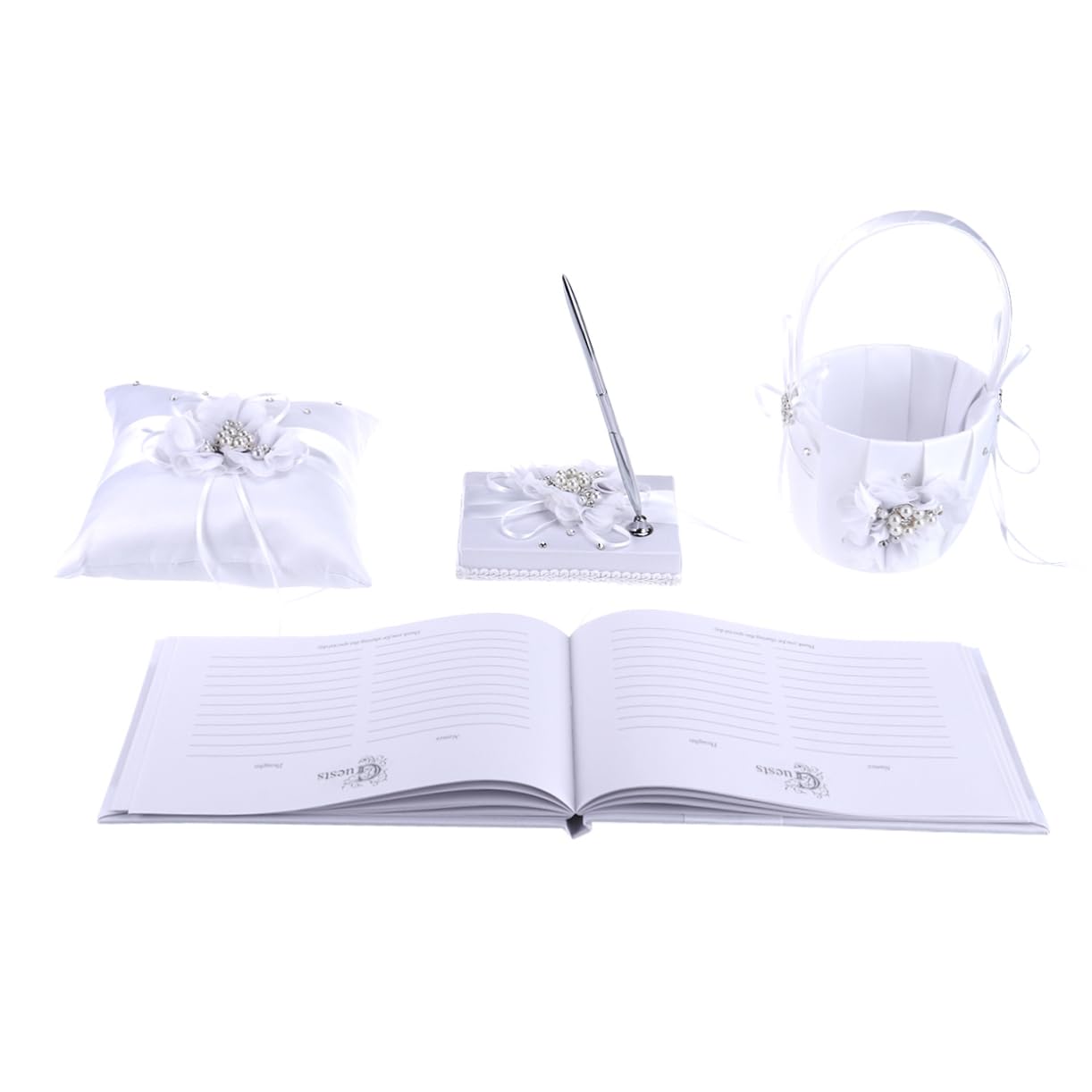 Cabilock 4pcs Wedding Pillow and Flower Girl Basket Floral Design Includes Notebook and Pen Holder for Bridal Ceremonies and Celebrations