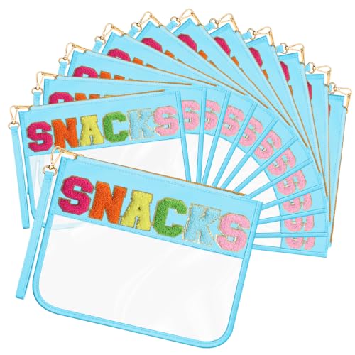 Abbylike 12 Pcs Clear Snack Bags with Chenille Letter, Blue Zipper Pouch