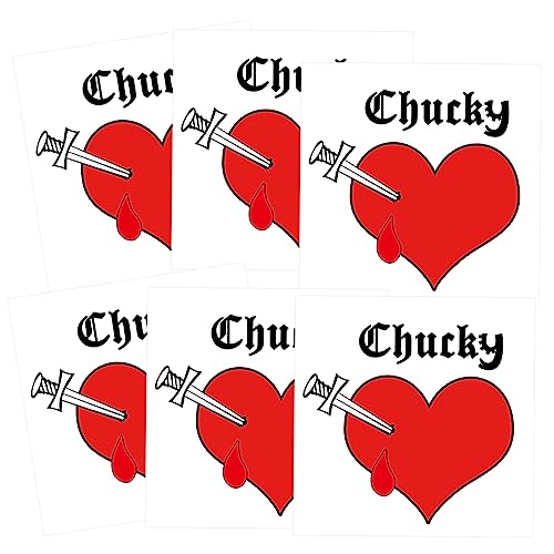 Chucky Tattoo, 6-Sheet Bride of Chucky Heart Tattoos, Temporary Tattoos for Men Women Adults Kids Halloween Costume Parties Cosplay