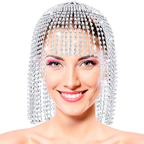 Sureio 1 Piece Rhinestone Headpiece 1920s Crystal Flapper Cap Headpiece Beaded Belly Dance Cap Bridal Tassel Cap Head Chain Jewelry Nights Party Hair Accessories for Women (Silver)