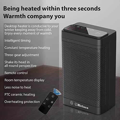 Belaco New Space Heater, Electric Heater, 12hrs Timer, Remote Control, Oscillation, Ceramic Fan Heater portable heater 1400W home office room heater, Overheat protection BEL-PTC-12B