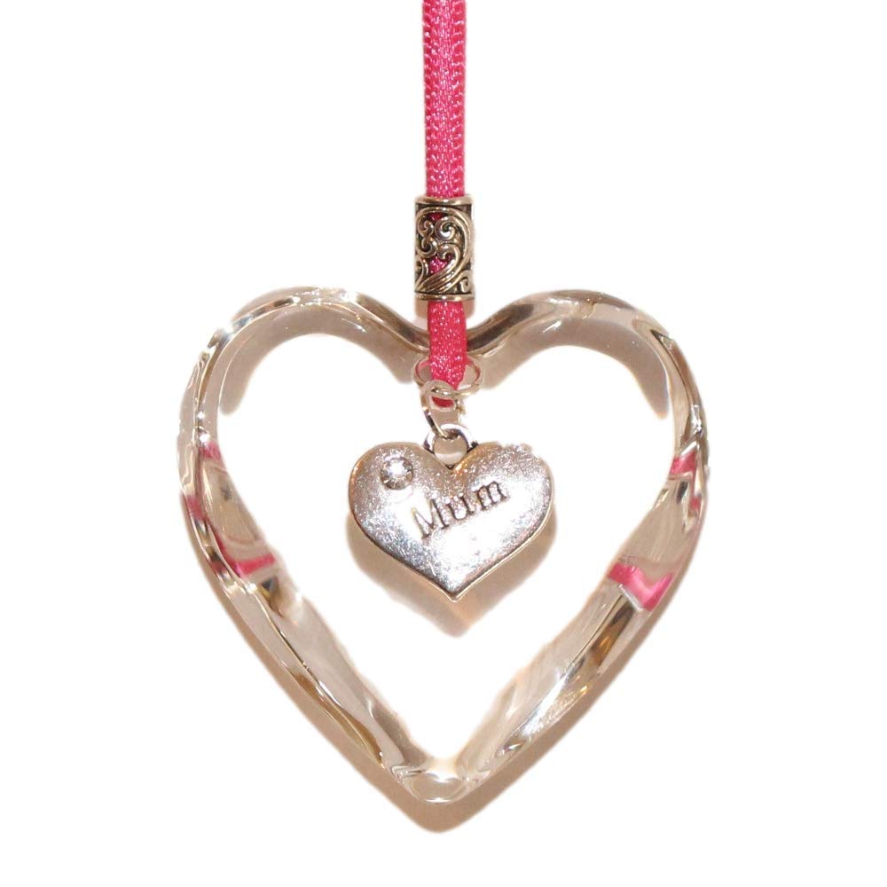 The Heart Shack Bright Pink Ribbon Glass Hanging Heart Keepsake With Mum Charm On