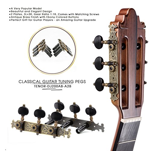 DJ200AB-A2B TENOR Classical Guitar Tuners Professional Tuning Key Pegs/Machine Heads for Classical or Flamenco Guitar with Antique Brass Finish and Ebony Colored Buttons. - Thumbnail 2