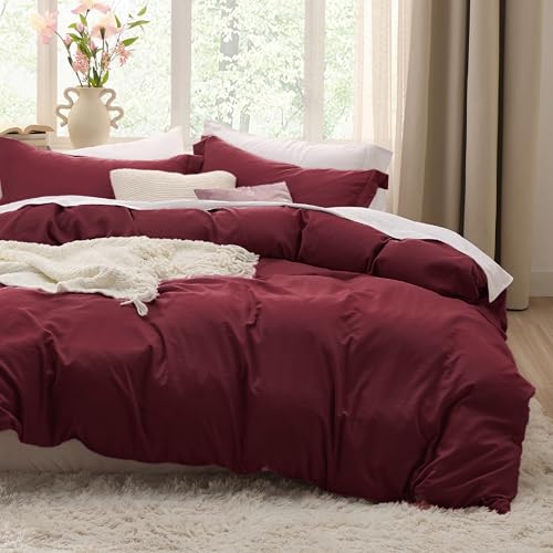 Bedsure Winery Duvet Cover Queen Size - 3 Pieces Prewashed Cotton-Like Polyester Extra Soft Bedding Set, Includes 1 Duvet Cover 90x90 Inches with Zipper Closure & 2 Pillow Shams, No Comforter