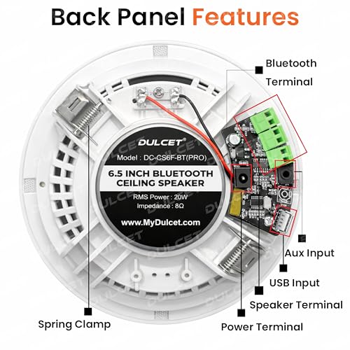 Image of DULCET DC-CS6F-BT Pro White 6.5 Inch 20W 2 Way Active Bluetooth Ceiling Speaker with Inbuilt Amplifier - Supports Upto 3 Passive Ceiling Speakers