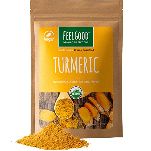 FeelGood Organic Superfoods Turmeric Powder with Natural Curcumin, Vegan, Non-GMO, Gluten Free, Pure Ground Turmeric Root from India, 8 oz