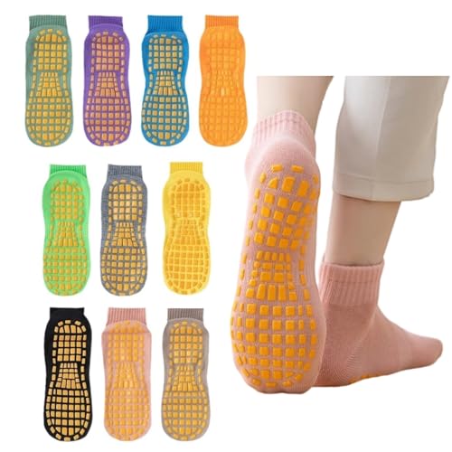 MACEFIL 10 pares de calcetines antideslizantes para mujer, calcetines de pilates con empuñaduras, calcetines de fútbol y yoga, calcetines de agarre, Con color, M-L