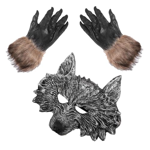 BESTYASH 1 Set Halloween Werewolf Mask Gloves Black Gloves Wolf Mask Kit Easy to Wear for Parties