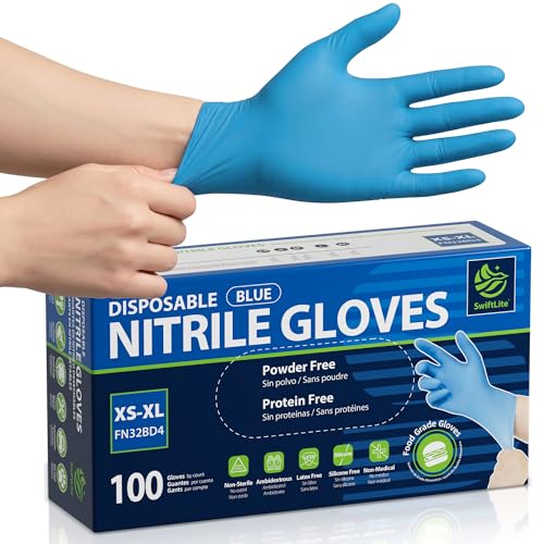 SWIFTLITE Food Safe Disposable Gloves, Blue Nitrile Rubber Gloves, Latex-Free Powder-Free for Food Prep, Cooking, Cleaning (Medium, 100)