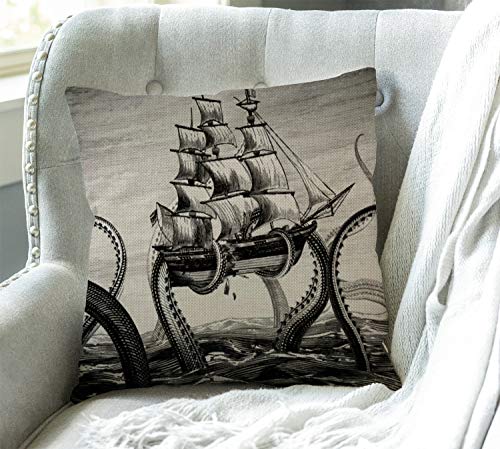 Swono Sail Boat Waves And Octopus Cotton Burlap Linen Throw Pillow Case Cushion Cover Sofa Outdoor Decorative Square 18X18 Inches #TOP2