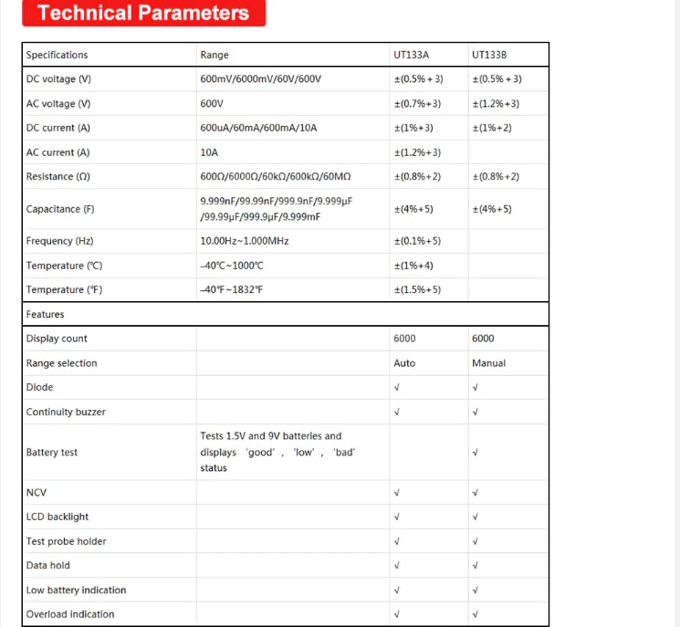 UNI-T UT133A UT133B Digital Multimeter Professional Tester AC DC Voltage Meter Ammeter Capacimeter Electrical Instruments(UT133B)