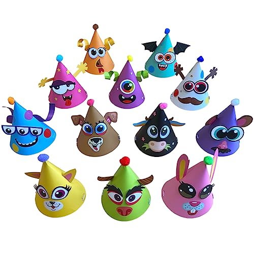 Kissymix Make Your Own Party Hat Pack of 12 Colourful, Funny Animal, Alien and Monster Party Hats for Crafting at Birthdays and Celebrations