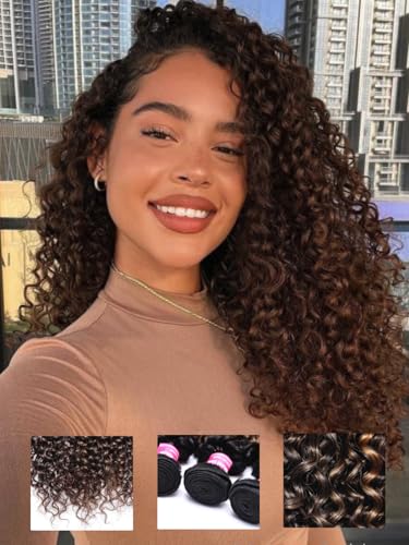 KLAIYI Ombre Brown Curly Bundles Human Hair Weaves...