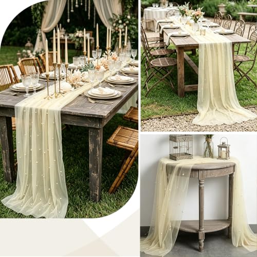 Arkrmce 12 Pack Pearl Beige Gauze Table Runner, 120 Inch 10FT, Sheer Tulle Table Runner for Wedding, Holiday, Birthday, Baby Shower, Fall Dining Table Decor for Home Party by Arkrmce - Used condition - Image 4