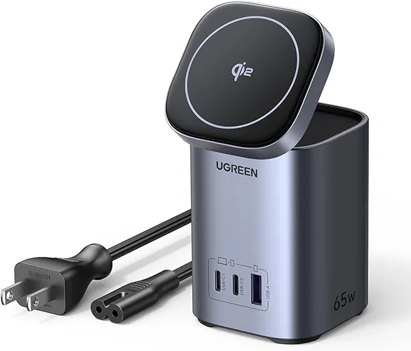 UGREEN Nexode 65W GaN USB C Charging Station Stand Foldable, 3-Port Desktop Charger with 15W Qi2 MagSafe Wireless Charging Stand for iPhone 17/16/15/14/13/12, Galaxy S25/S24, Pixel 10/9, iPa