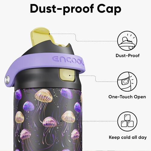 Image of ENCOOL Leakproof Insulated Water Bottle with Straw Dual-Sip Water Bottle Bag-Safe Design for Work, Commute & Gym - Keeps Drinks Cold All Day, 24 oz, Neon Jellyfish
