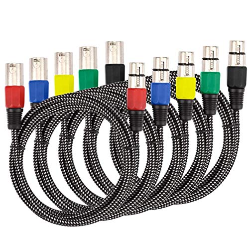 XLR Microphone Cable 3 FT/5 Colored, 3 Pin Nylong Braided Balanced XLR Male to XLR Female Mic DMX Cable Patch Cords (Pure Copper Conductors)