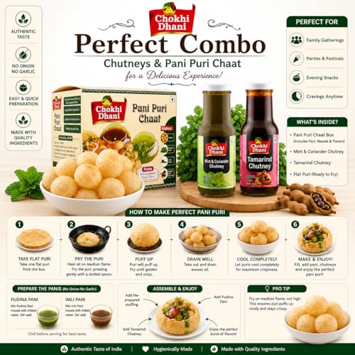 Image of Chokhi Dhani Pani Puri Chaat Kit with Mint & Coriander Chutney (210g) & Tamarind Chutney (250g) | Crispy Flat Puris, Pudina Pani & Imli Chutney | No Onion No Garlic