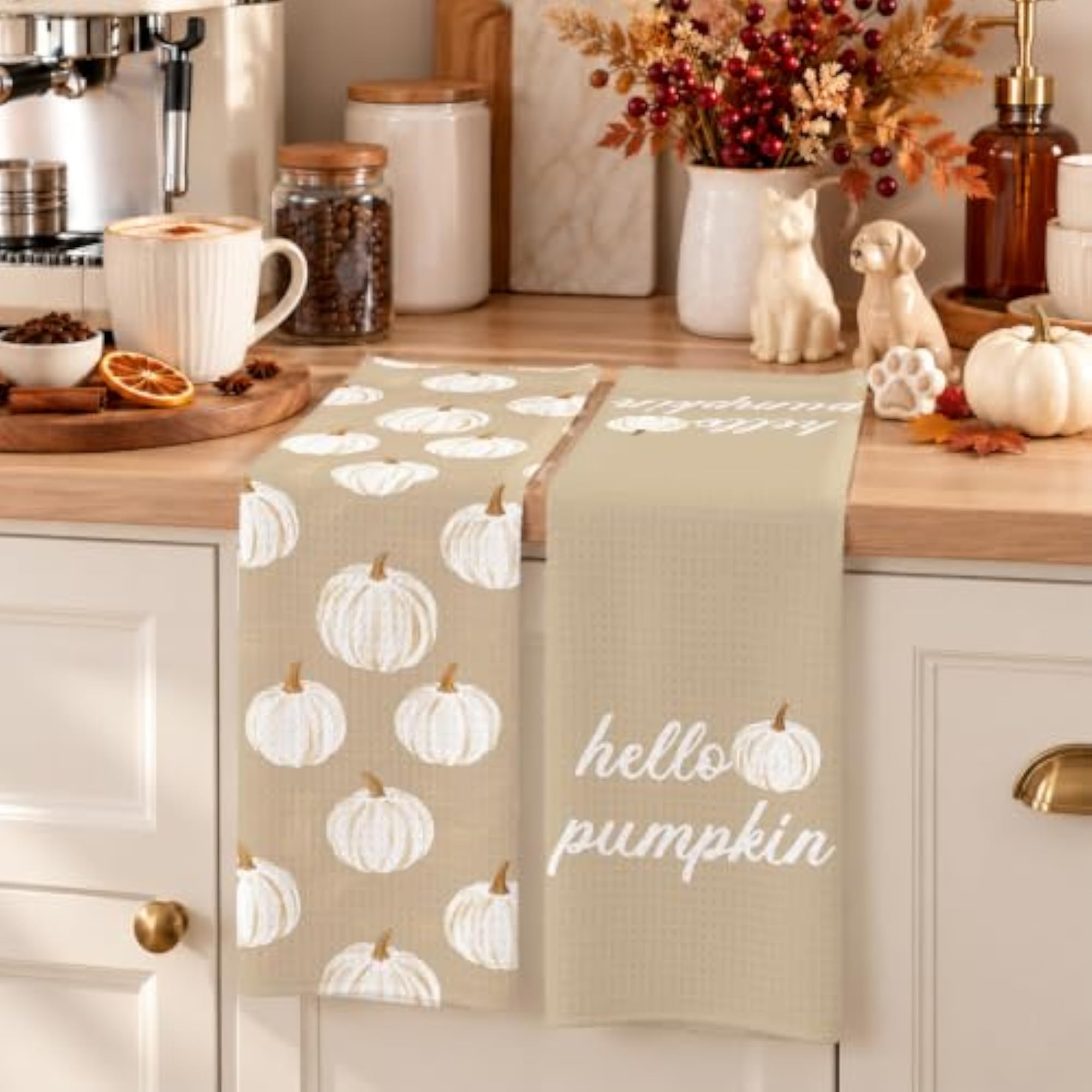 Fall White Pumpkin Decor Kitchen Towels Set of 2