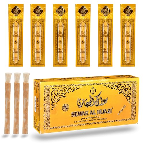 Sewak Al Hijazi 6 Count Natural Miswak Stick Toothbrush for Teeth Whitening Fresh Breath & Oral Health Organic Wooden Vacuum Sealed Tooth Brush Miswak Sticks for Teeth