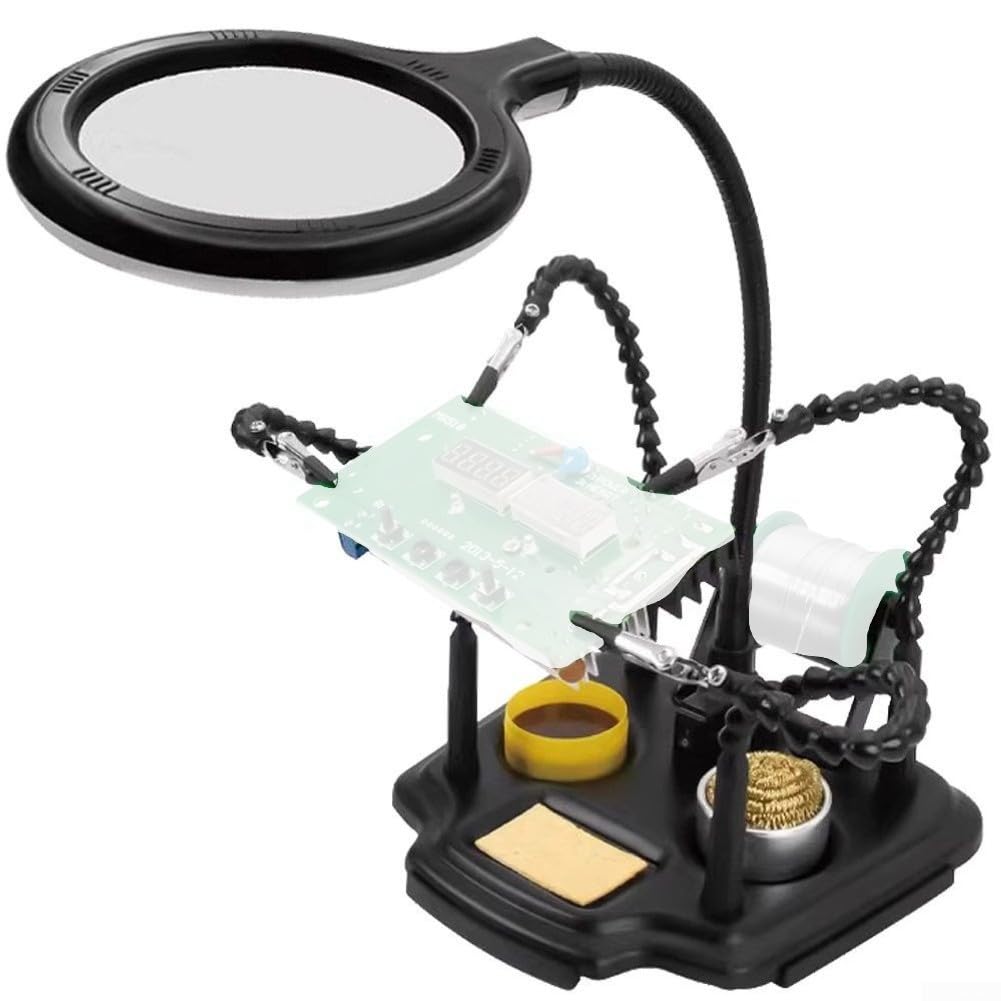 Stazione di saldatura con lampada a lente d'ingrandimento illuminata a LED, ingrandimento 4x | Lente in vetro, angolo regolabile, alimentazione USB, base pesante con morsetti spugna e filo dissaldante per riparazione