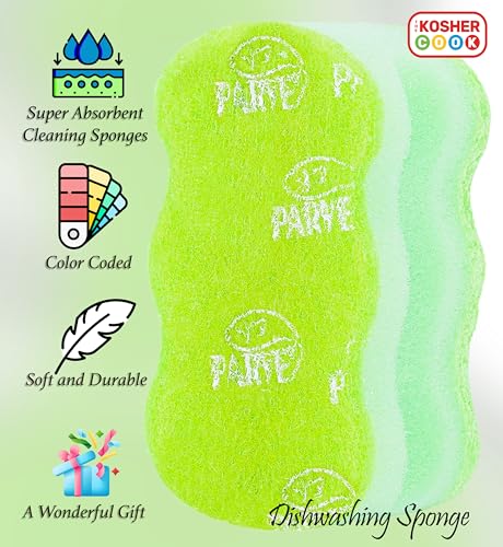 Image of The Kosher Cook Parve Green Dishwashing Sponges, Easy Grip Wavy Absorbent Cleaning Scrub and Scouring Pad, Durable and Soft, Color Coded Home and Kitchen Accessories