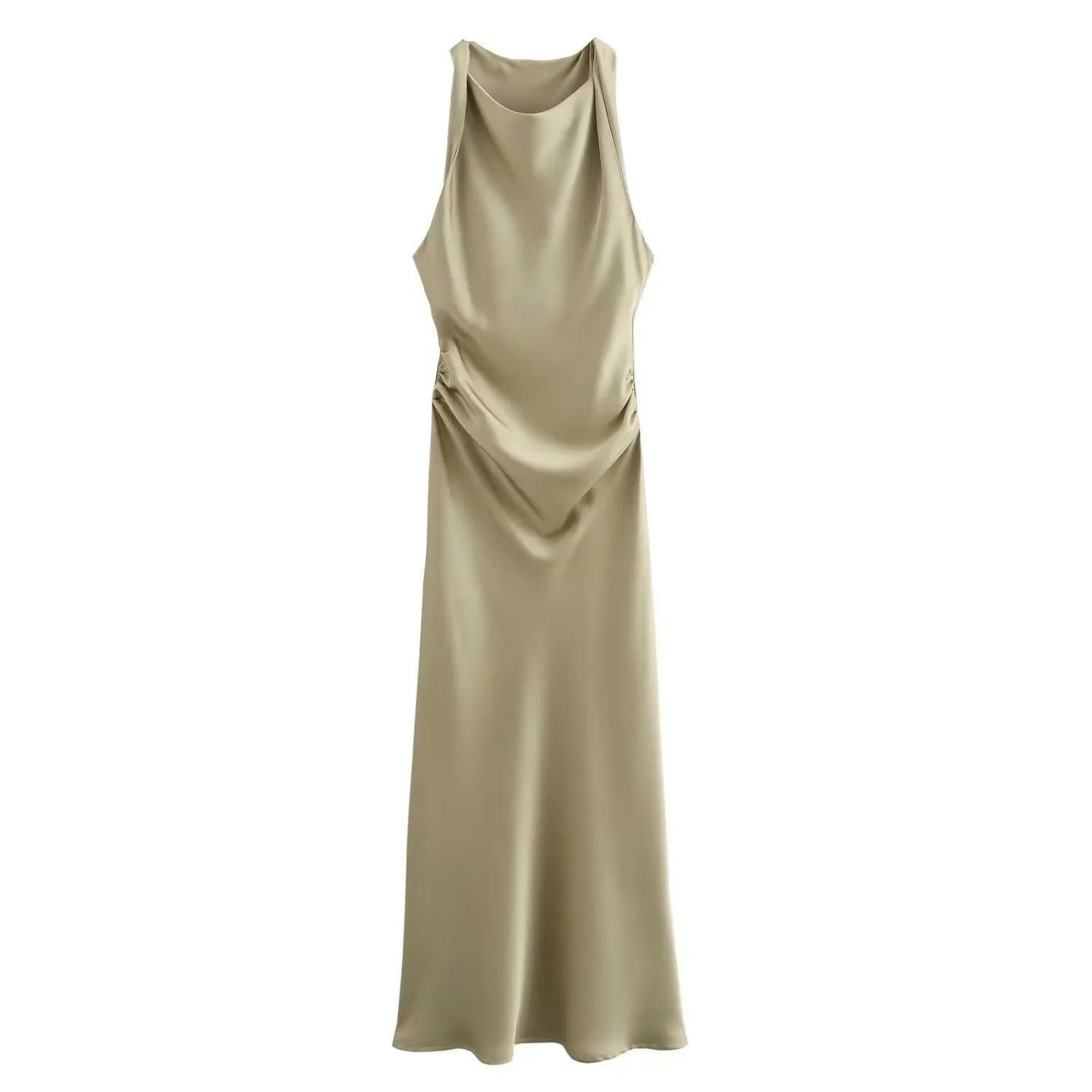 Vestito Donna Abiti Lunghi Satinici per Donne Slip Midi da Sexy Abito Sera Senza Maniche Eleganti-5-m