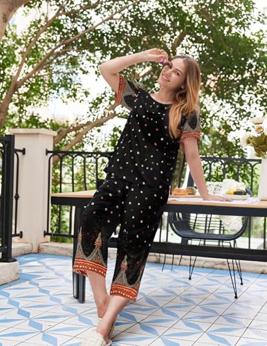 Image of Ekouaer Women's Two Piece Lounge Set Short Sleeve Shirt and Capri Pants Mumu Pajama with Pockets Loungewear Pjs Sets S-2XL