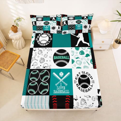 Image of Castle Fairy Baseball Bed Sheet 4 Piece,Patchwork Baseball Sheets Full Size Bed Set,Sports Geometric Grid Green Bedding Set with Flat,Fitted Sheet,2 Pillow Cases
