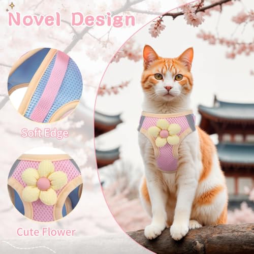 Cat Harness and Leash Set, Escape Proof Soft Vest Walk Pink XS | Adjustable, Easy Wear, Breathable Comfy Mesh, Reflective Strips, Sturdy Clip Buckle Flower Harness for Cats Kitty Puppy Bunny - Image 3