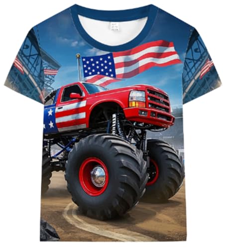 Boys 4th of July Shirt American Flag Tshirt for Kids USA Flag Outfits Toddler Patriotic Tee Monster Truck Top T-Shirt 3-10T