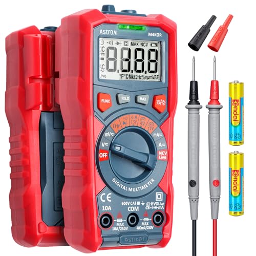 AstroAI Multimetr cyfrowy, 4000 zliczeń, miernik rzeczywistej wartości skutecznej, automatyczny zakres woltomierza 1,5 V / 9 V / 12 V, tester napięcia akumulatora, pomiar napięcia rezystancji diody, woltomierz ciągłości obwodu elektronicznego z funkcją bezdotykowego pomiaru napięcia