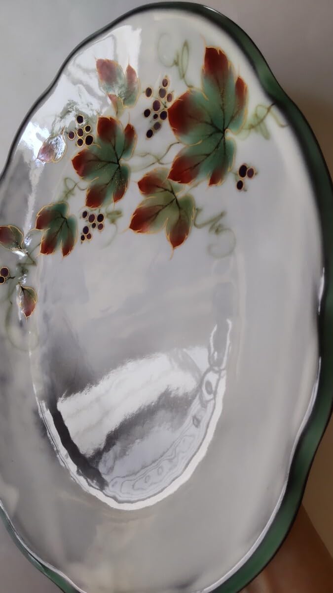 京焼 清水焼 陶あん 下絵付け 葡萄 花草 楕円形中皿 24cm